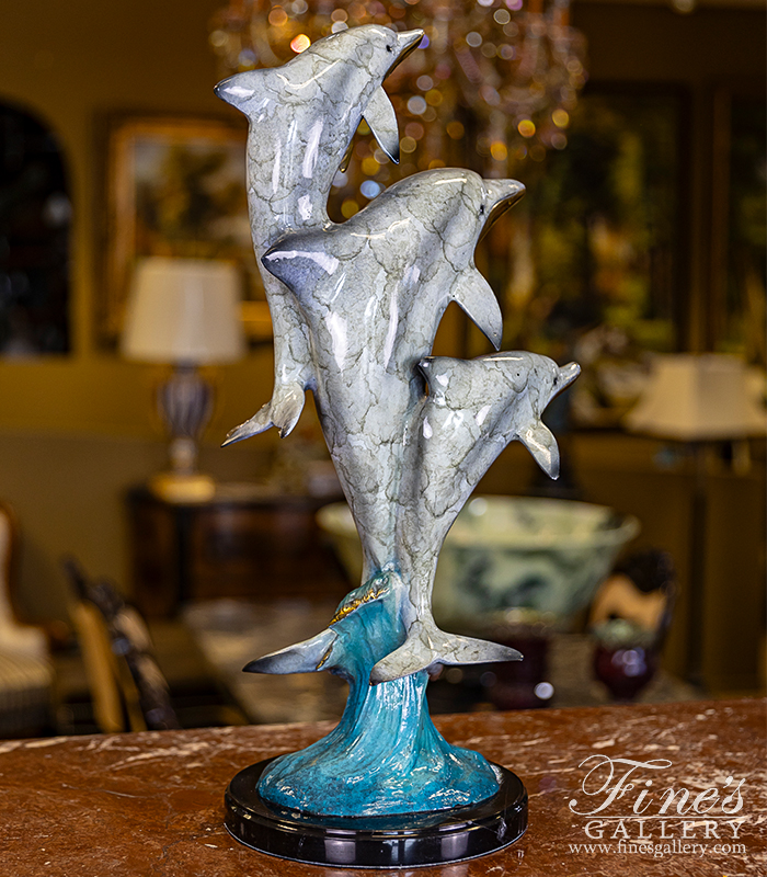 Bronze Statues  - Aqua Marine Blue Three Bronze Dolphins Desktop Statue - BS-1653